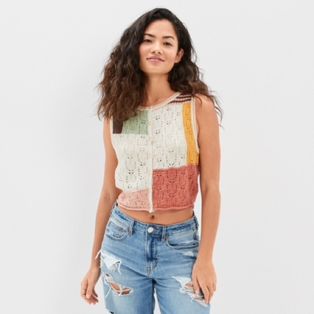 American Eagle Outfitters Multicolor Patchwork Button Down Vest